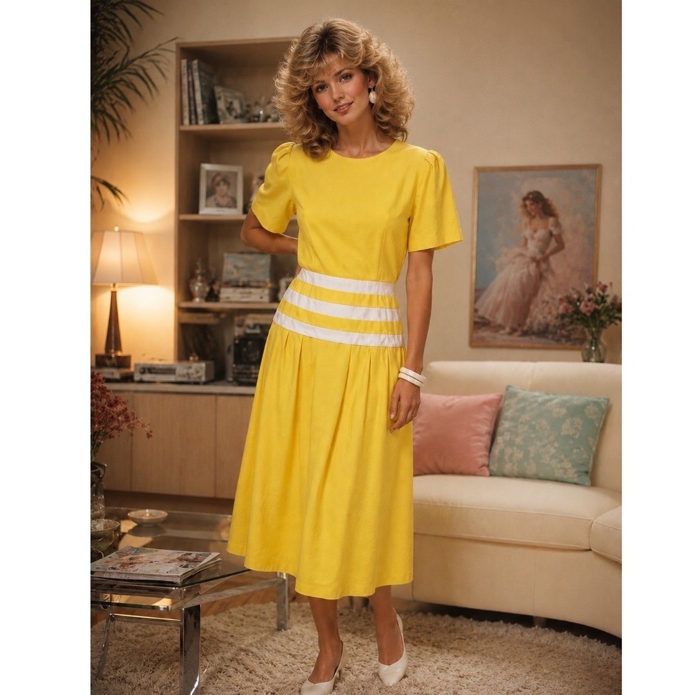 Vt‎ 80's yellow Drop Waist Midi Dress White Striped Puff Sleeve Retro Summer